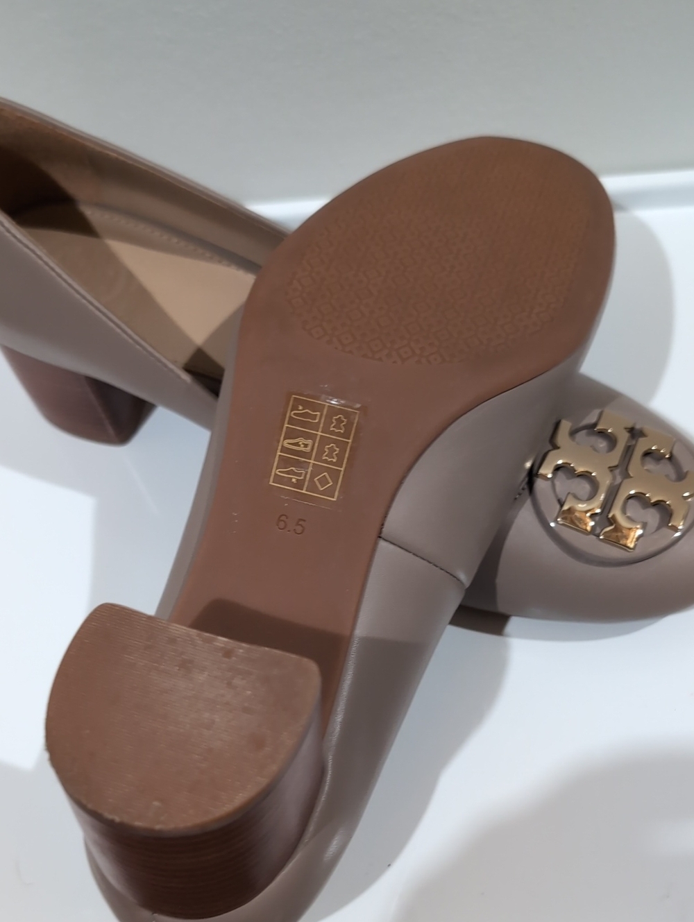 Tory Burch Taupe Block Heel Logo Pumps - Picture 5 of 5